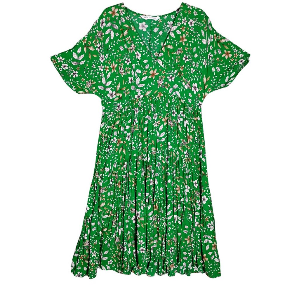 Zara Tiered Floral Green Dress Size Medium V Neck Short Sleeve Pullover - Picture 5 of 11